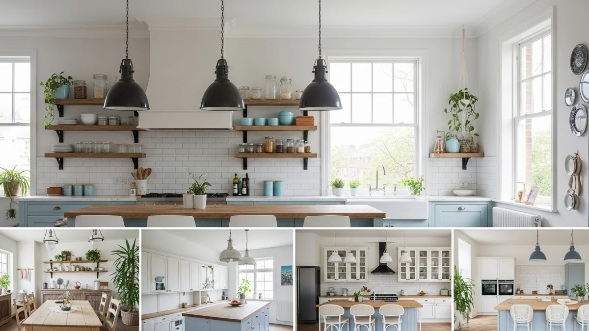 Cozy modern kitchen with blue cabinets and wooden island
