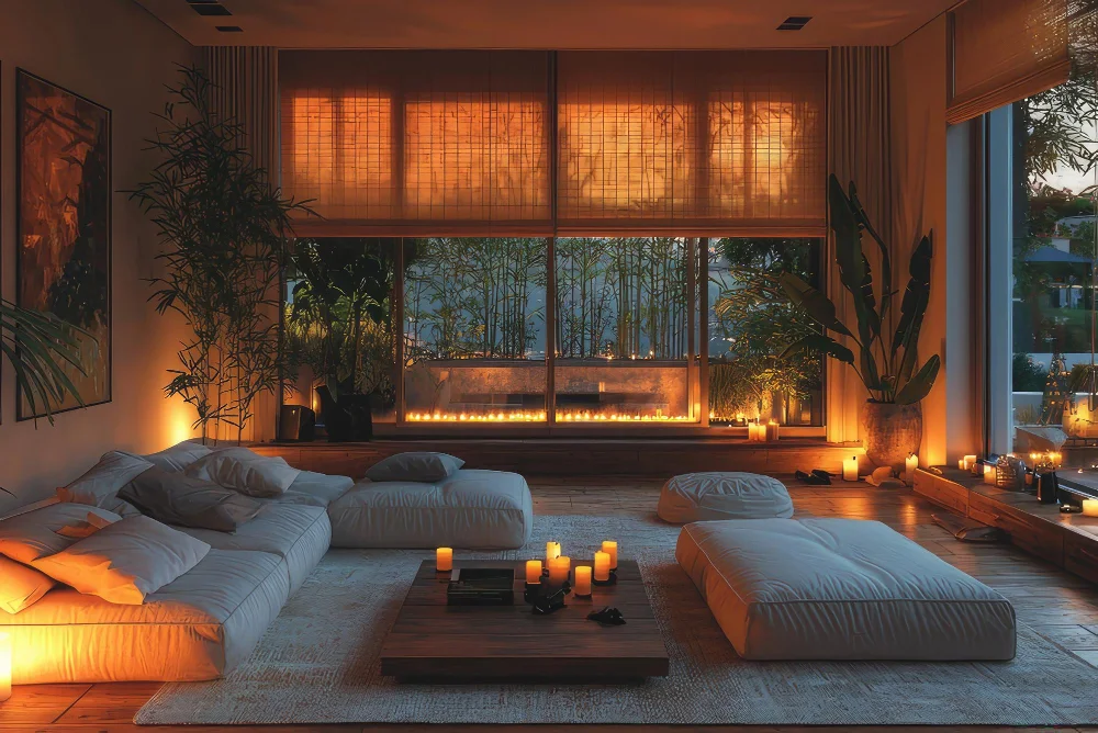 Cozy modern living room with low sofas, warm candlelight, and large windows at sunset.