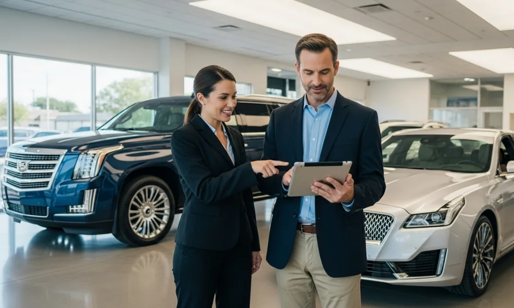 Dealer with customer by Cadillacs