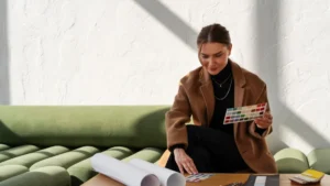 Designer analyzing trend report with color palettes
