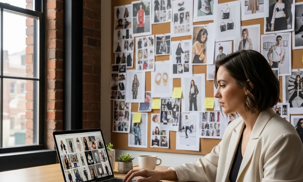 Designer reviewing fashion mood board on laptop