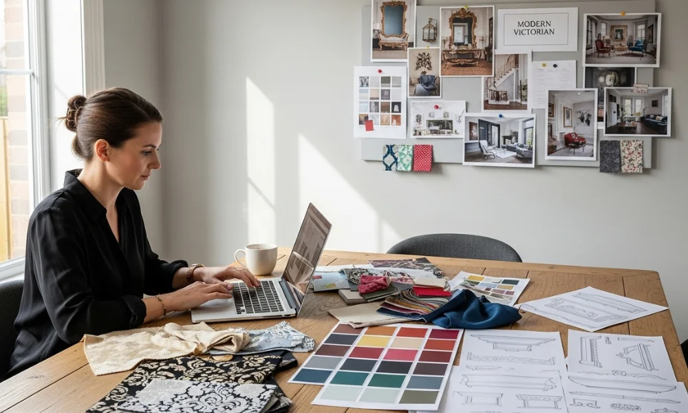 Designer working at a table with fabric swatches and color palettes in front of a “Modern Victorian” mood board
