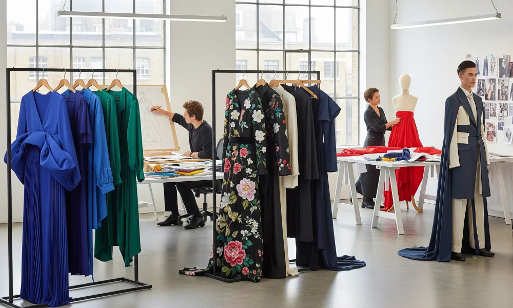 Designers working in a fashion studio with colorful garments and sketches on display