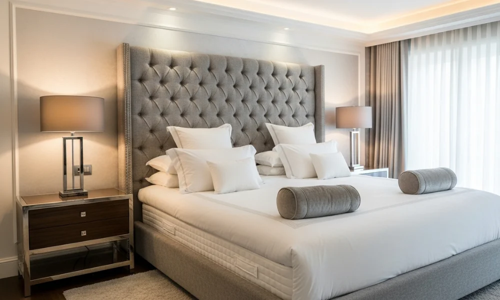 Elegant bedroom with upholstered headboard and the best luxury mattress styled with premium pillows and bedding