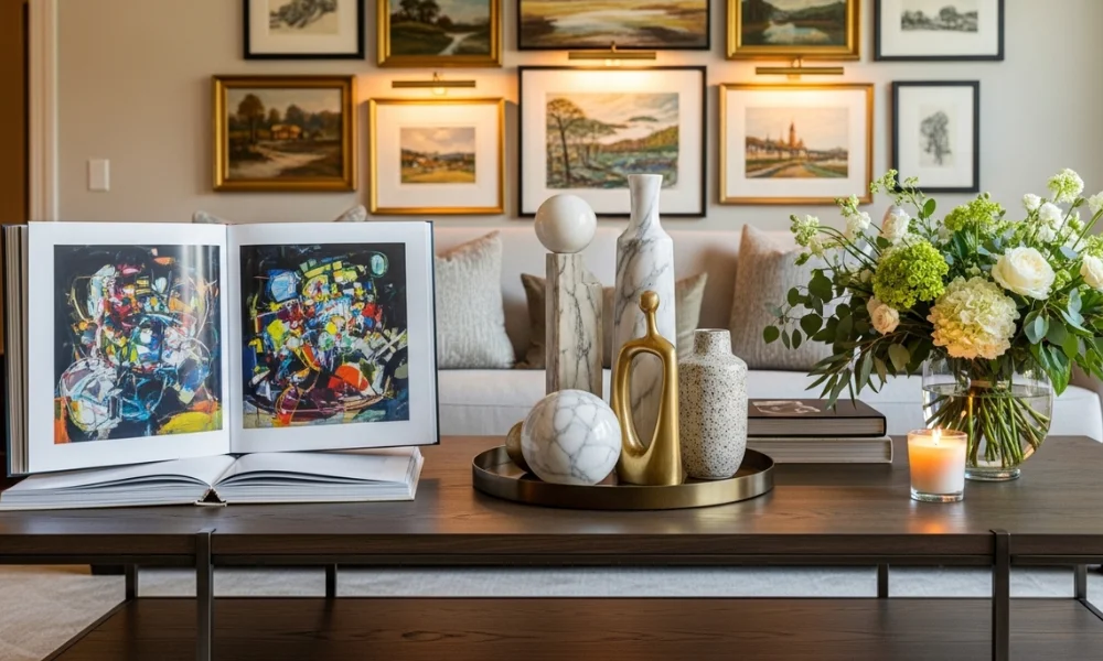Elegant coffee table with art and flowers