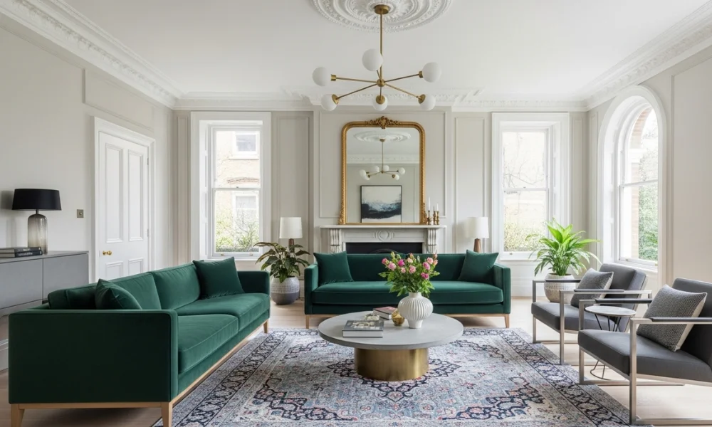 Elegant living room with green sofas, gray armchairs, a round coffee table, and a gold-framed mirror above the fireplace