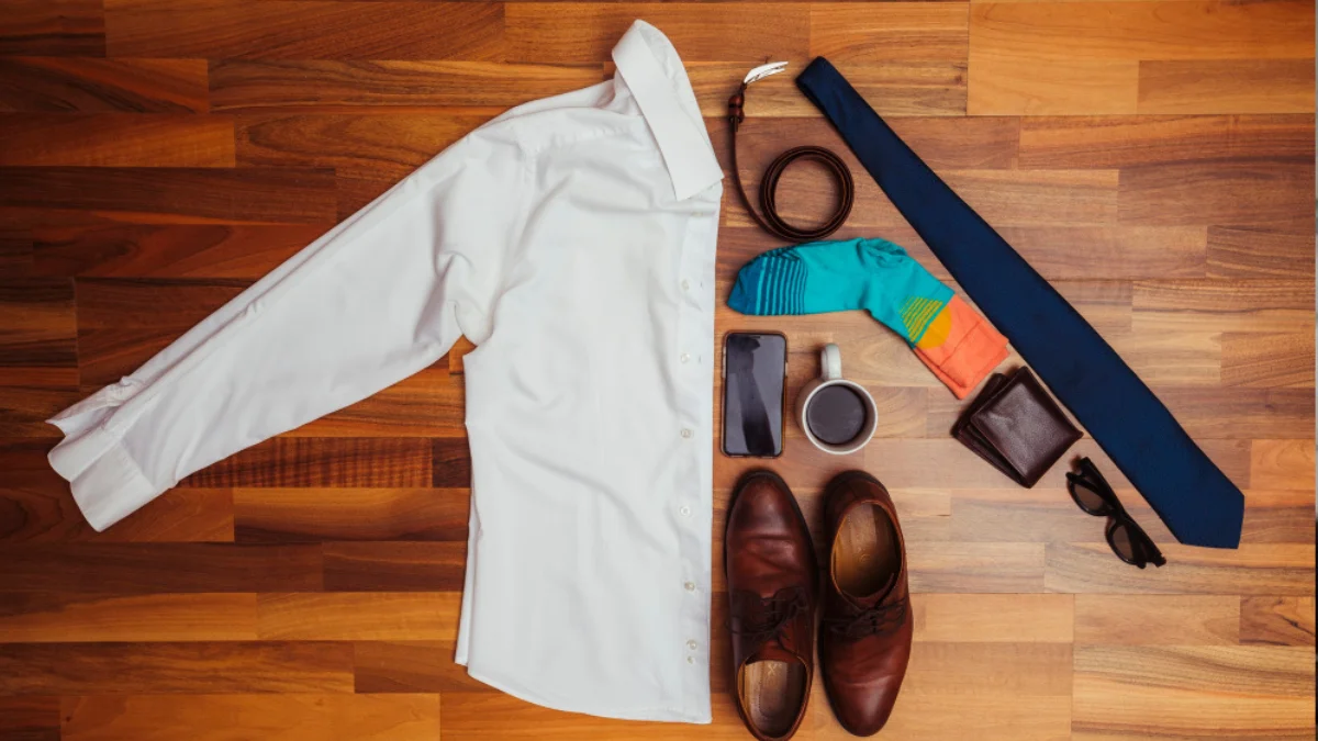 Flat lay showing essential business casual wardrobe pieces including chinos and shirts.