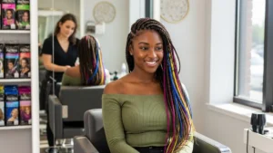 Freetress braiding hair colorful box braids on smiling woman at salon