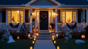 Front porch of a house decorated with Halloween lights, pumpkins, skeletons, and spooky props at night