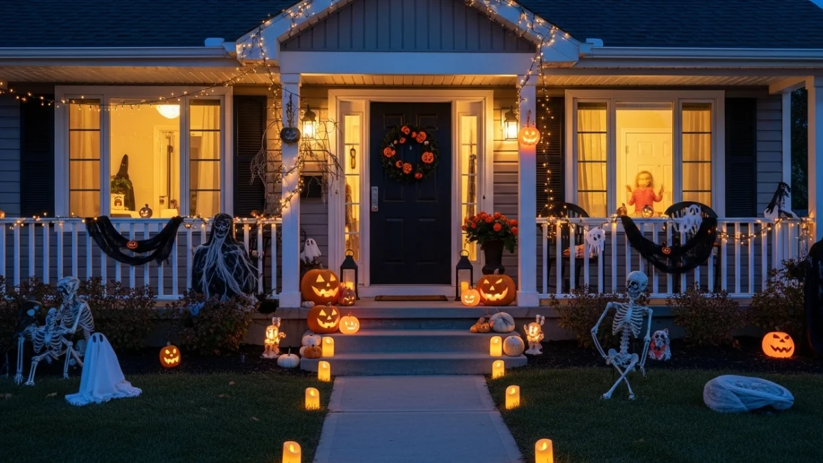 Front porch of a house decorated with Halloween lights, pumpkins, skeletons, and spooky props at night