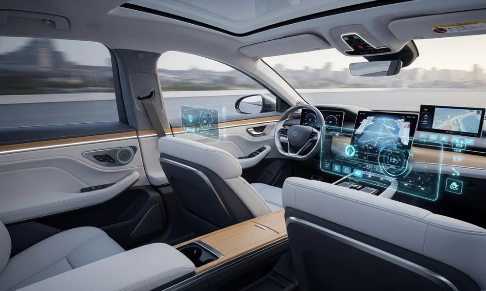 Futuristic car interior with holographic dashboard