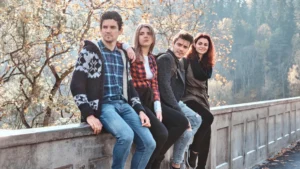 Group of friends in casual winter outfits