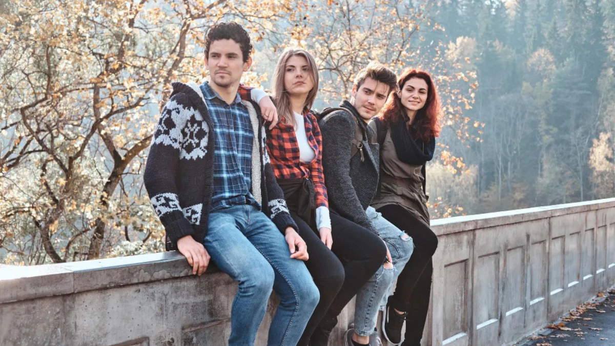 Group of friends in casual winter outfits