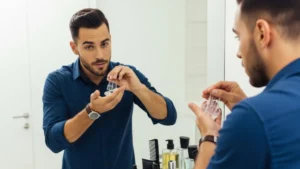 Hair gel for men being applied by man in front of mirror