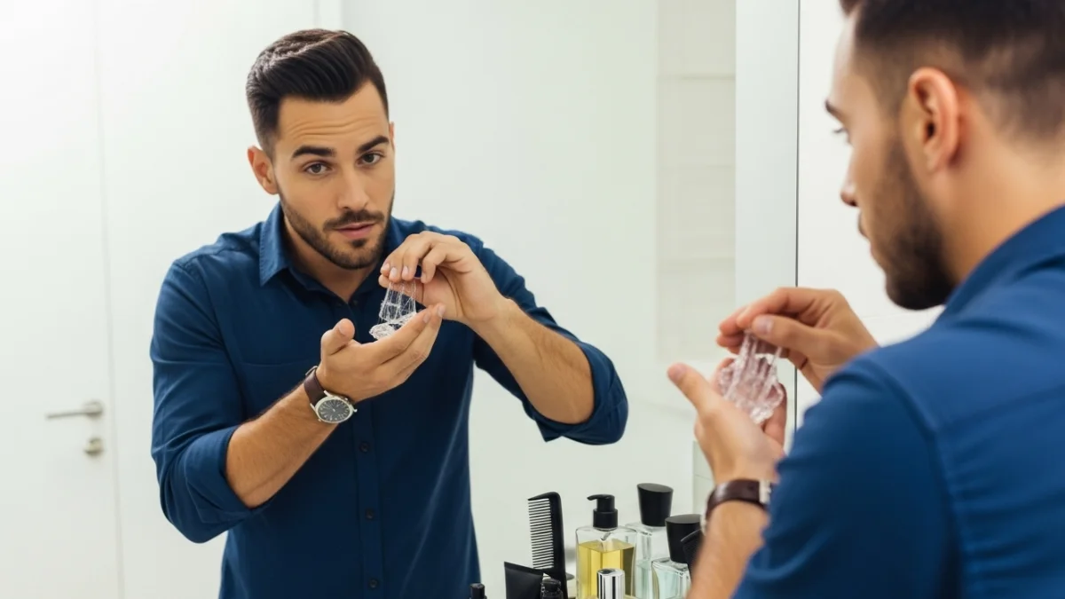 Hair gel for men being applied by man in front of mirror