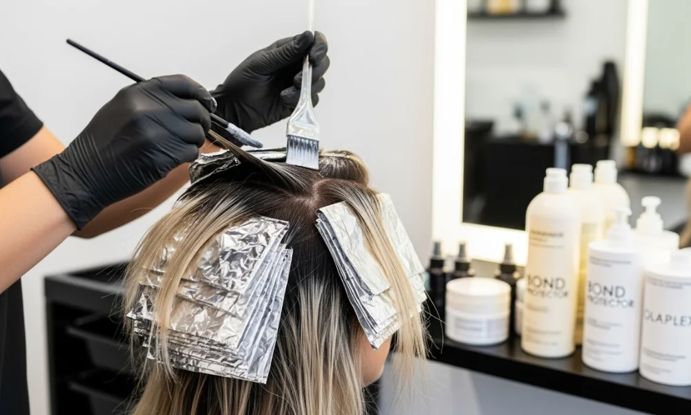 Hairdresser applying blonde highlights with foils at salon
