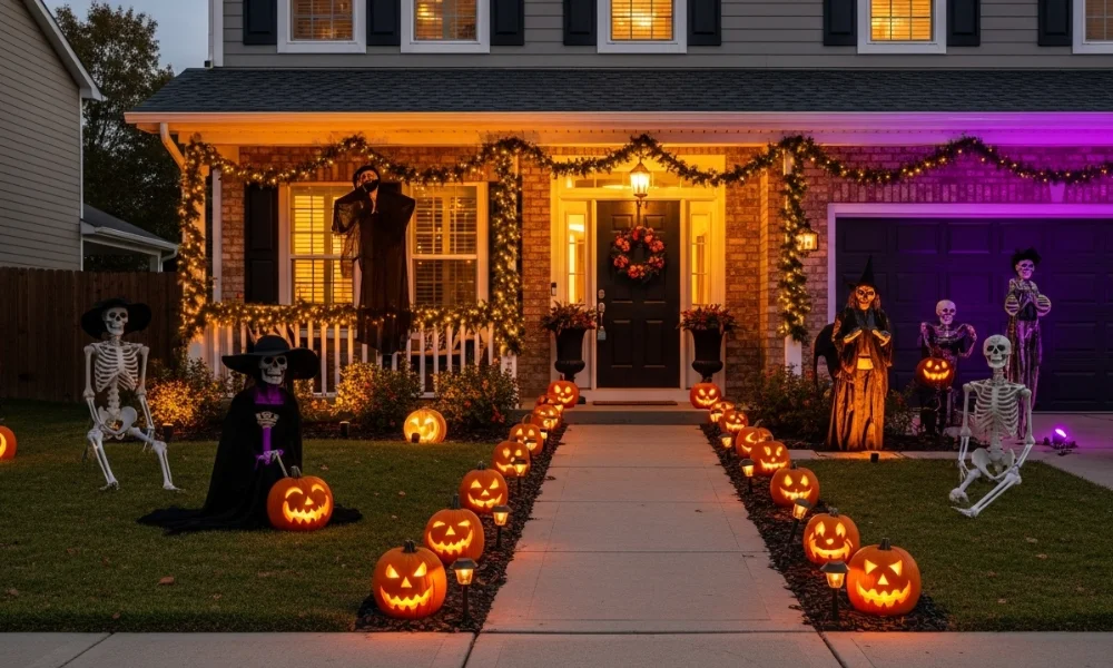 House with Halloween lights, pumpkins, and skeletons