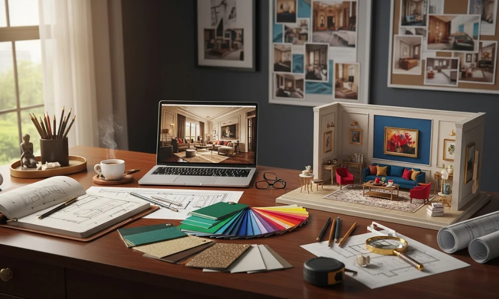 Interior designer workspace with models