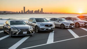 Japanese luxury cars lined up by the seaside at sunset.