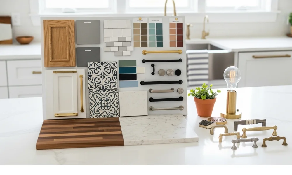 Kitchen design board with color swatches and handles