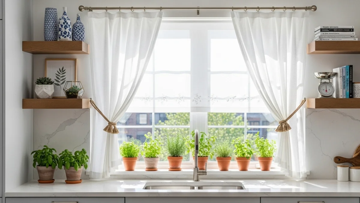 Kitchen window decor with potted herbs and white curtains