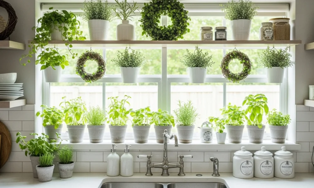 window with potted herbs and hanging wreaths