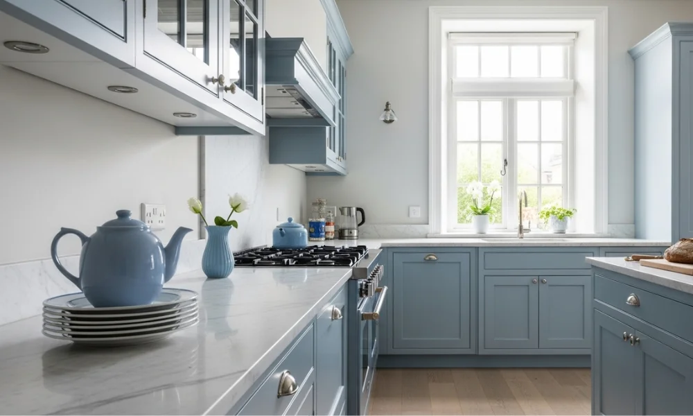 Light blue kitchen cabinets with marble countertops