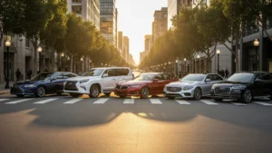 Lineup of reliable luxury cars on city street