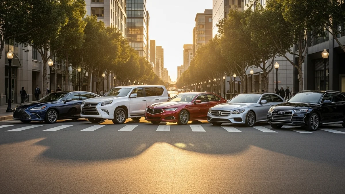 Lineup of reliable luxury cars on city street