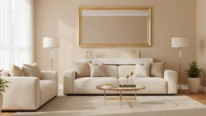 Living room with gold accents and warm lighting.