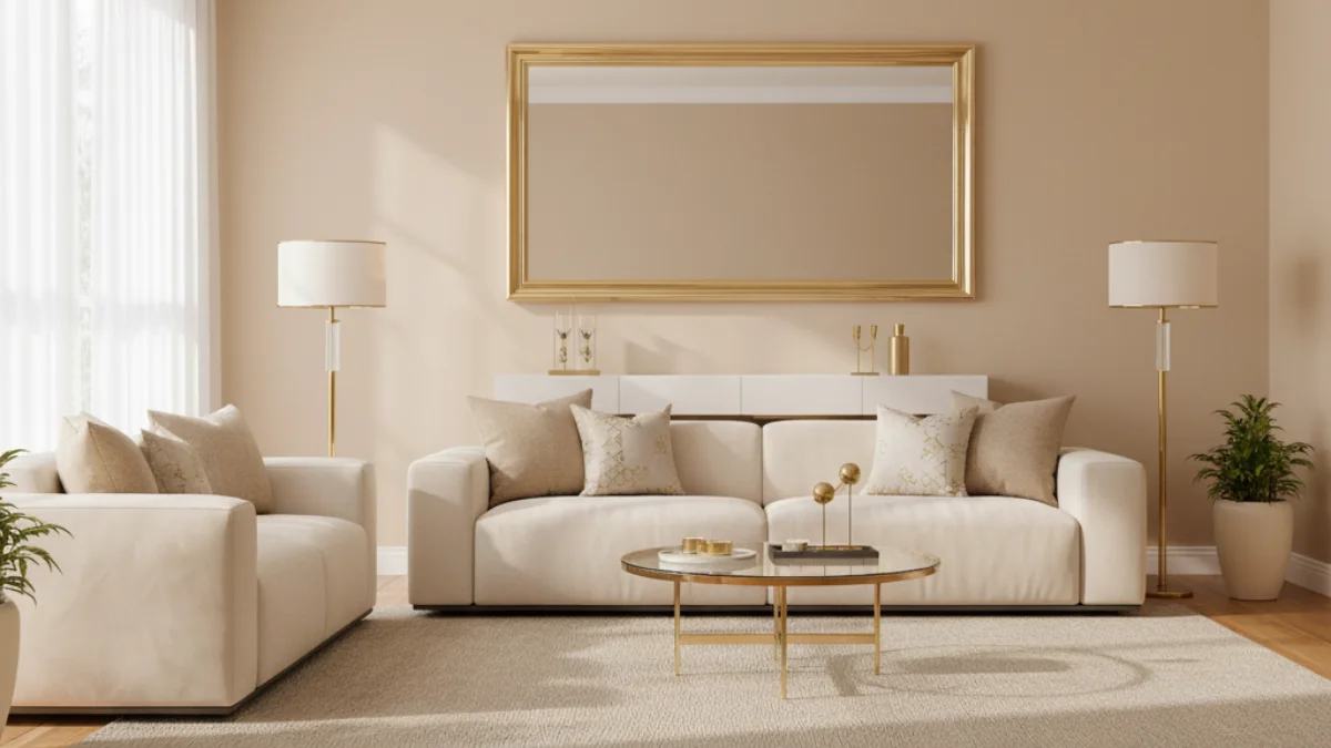 Living room with gold accents and warm lighting.