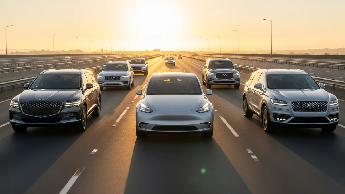 Luxury SUVs driving on the highway at sunset.