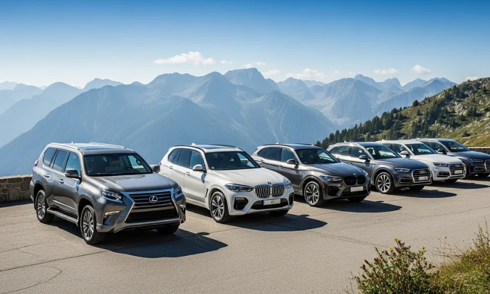 Luxury SUVs lineup with mountain view