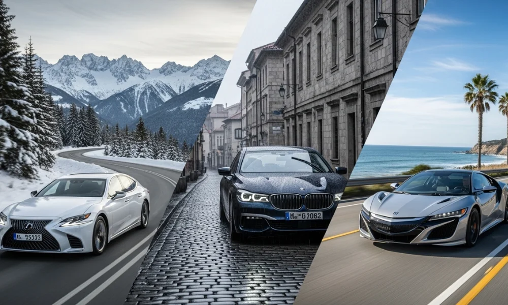 Luxury cars driving through all seasons