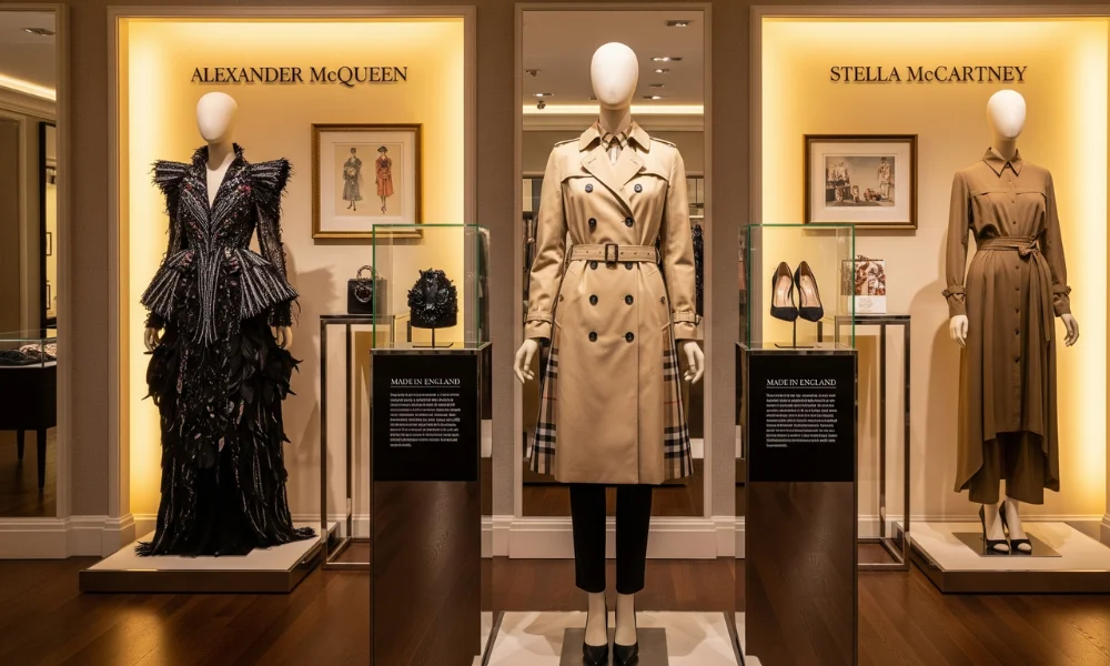 Luxury fashion display featuring Alexander McQueen and Stella McCartney designs with iconic British styles