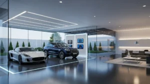 Luxury garage with a sports car and SUV beside a modern lounge.
