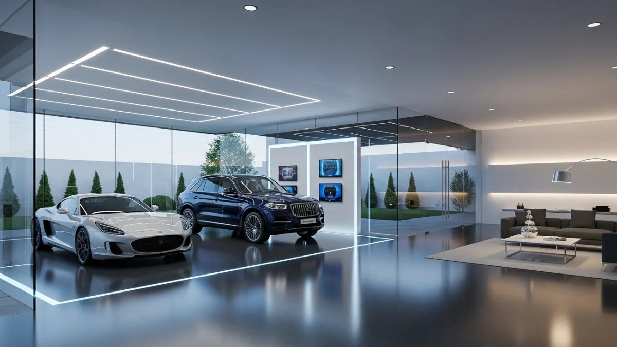 Luxury garage with a sports car and SUV beside a modern lounge.