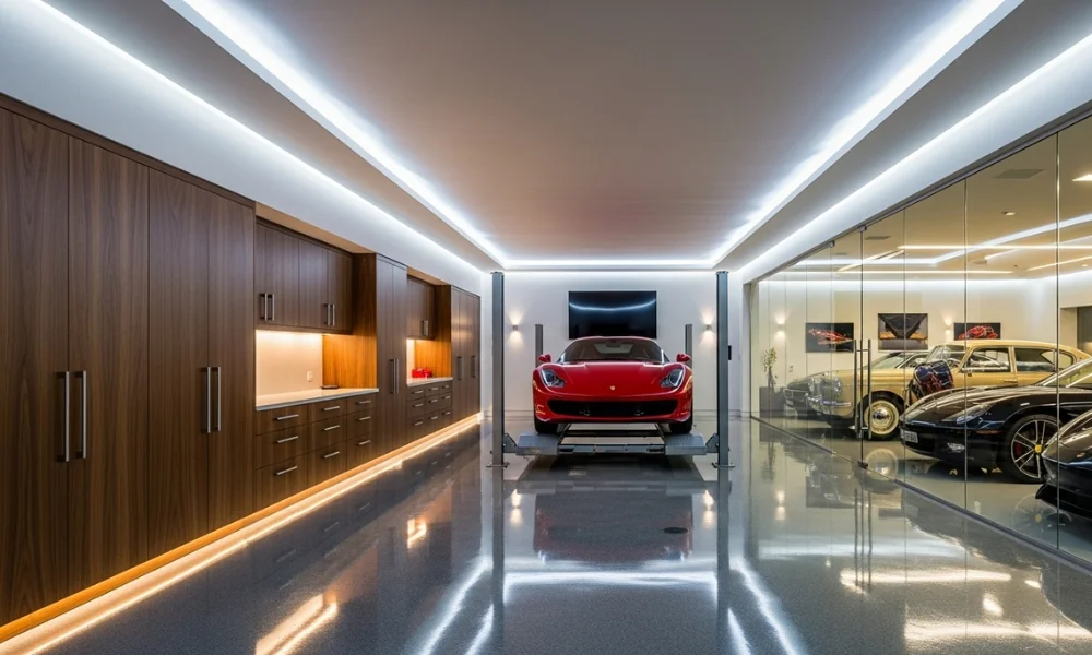 Luxury garage with red sports car and classic cars in glass display