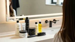 Luxury hair care products on sink