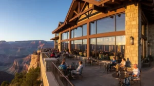 Luxury hotel terrace at Grand Canyon with guests dining outdoors