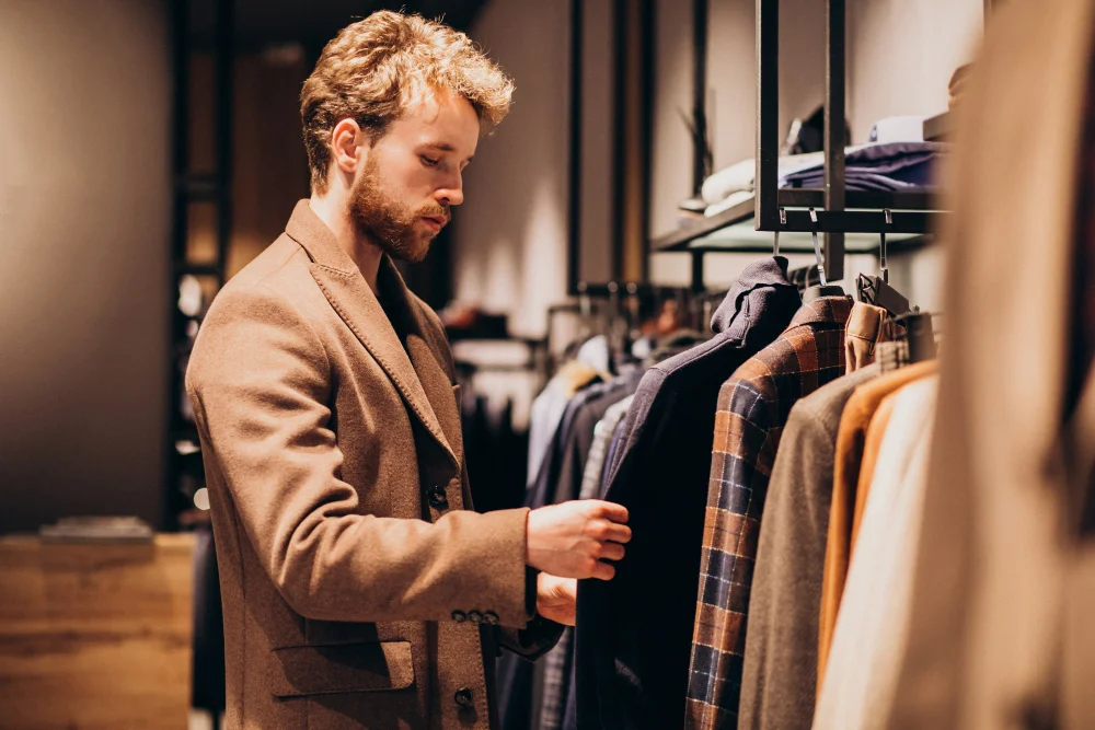 Man selecting vintage clothes in shop with coat in hand.