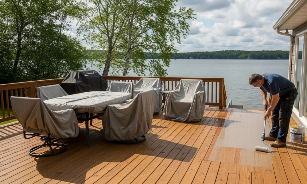Man staining deck at lakeside home