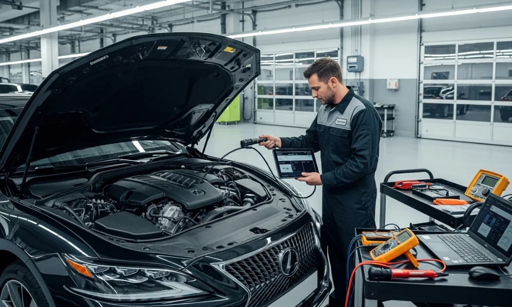 Mechanic performing luxury car service
