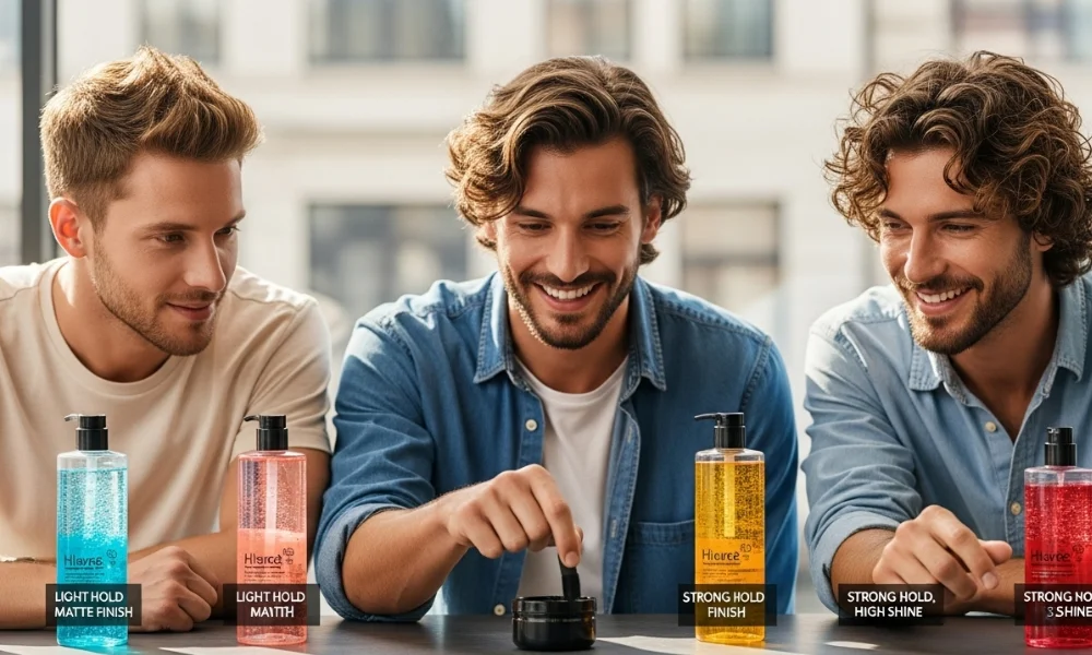 Men choosing different hair styling gels with various hold finishes