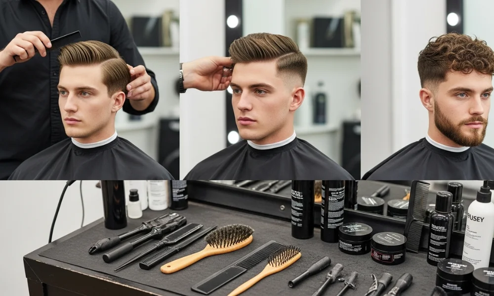 Men’s haircuts and styling tools at barbershop