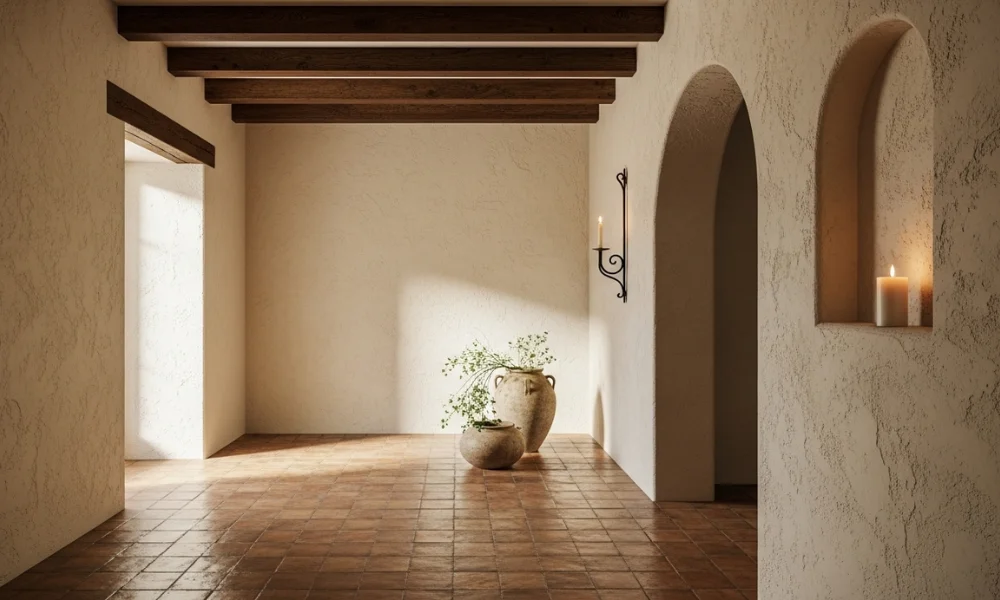 Minimal Mediterranean hallway with terracotta tile and pots