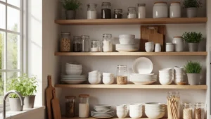 Minimalist open kitchen shelves with neatly arranged white dishes, glass jars, and potted herbs.