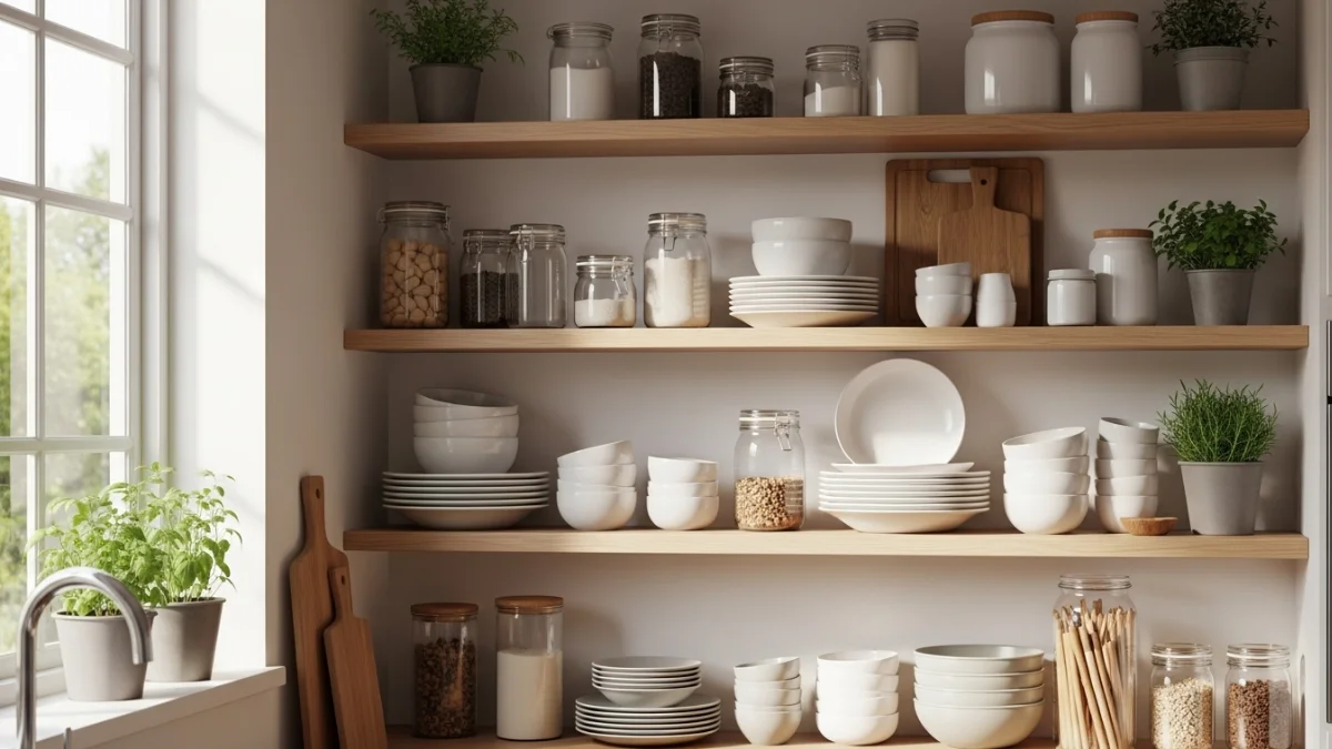 Minimalist open kitchen shelves with neatly arranged white dishes, glass jars, and potted herbs.