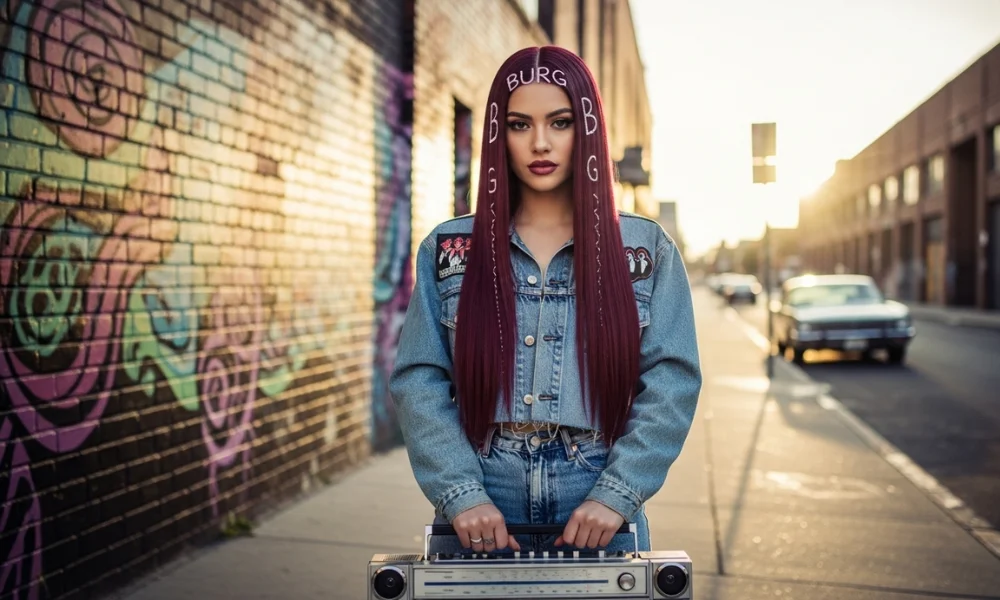 Model showcasing burgundy “BURG” hair inspired by 1990s fashion trends