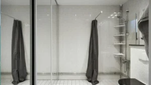 Modern bathroom with a sleek luxury shower curtain and tiled walls.